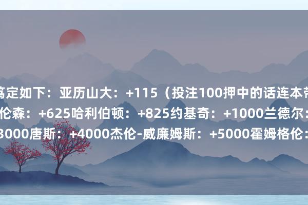笃定如下：亚历山大：+115（投注100押中的话连本带利是215）爱德华兹/布伦森：+625哈利伯顿：+825约基奇：+1000兰德尔：+2200西亚卡姆：+3000唐斯：+4000杰伦-威廉姆斯：+5000霍姆格伦：+7500阿努诺比：+12500贾马尔-穆雷：+15000麦克丹尼尔斯/纳兹-里德：+20000    体育录像/图片
