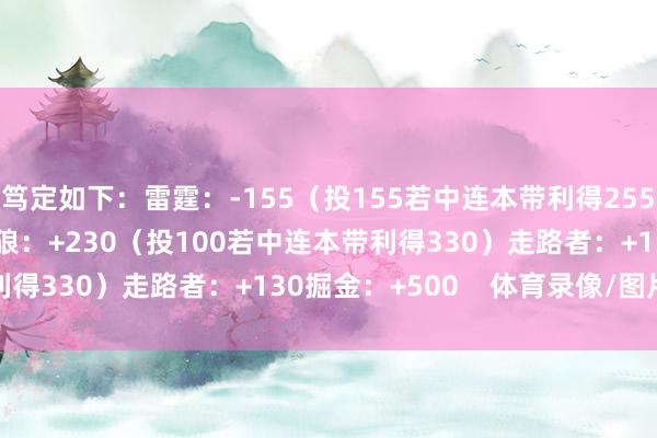 笃定如下：雷霆：-155（投155若中连本带利得255）尼克斯：-150丛林狼：+230（投100若中连本带利得330）走路者：+130掘金：+500    体育录像/图片
